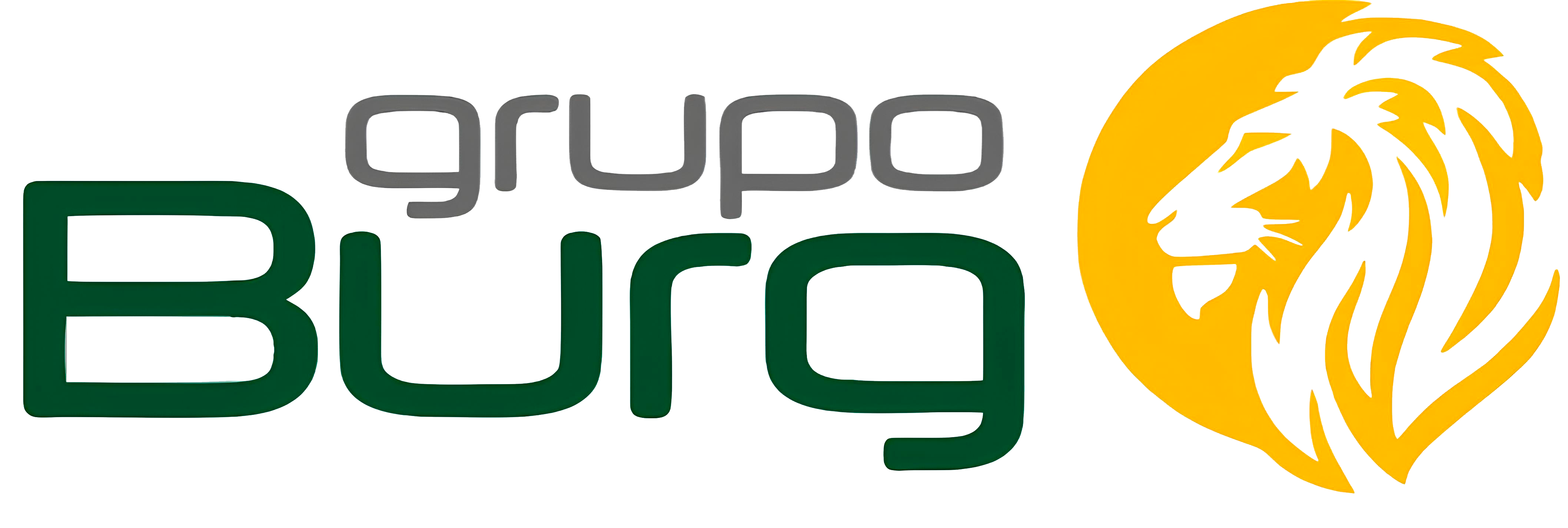 Texto interno "Grupo Burg" acompanhado da logo da empresa, um leão